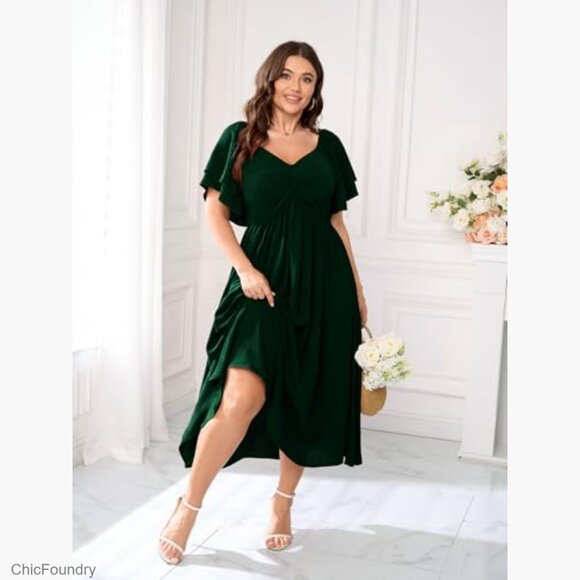 Plus Size Sweetheart Neckline Ruffle Sleeve A-Line Maxi Formal Dress - Picture 3 of 7